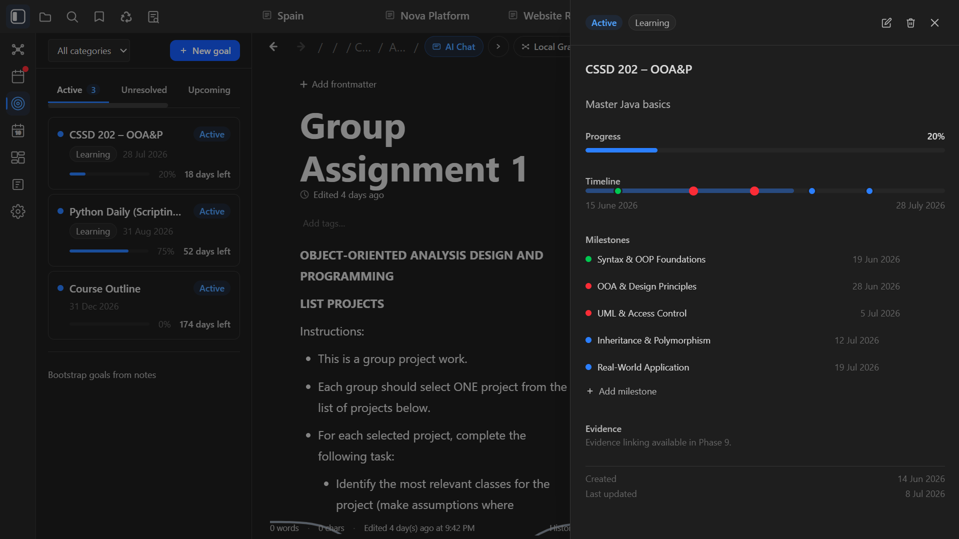 Idemora's Goals view, showing milestones and evidence-linked progress