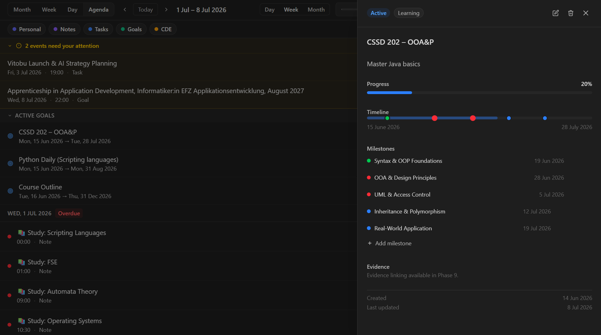 Idemora showing a goal's milestones and timeline alongside the calendar agenda view, open at the same time
