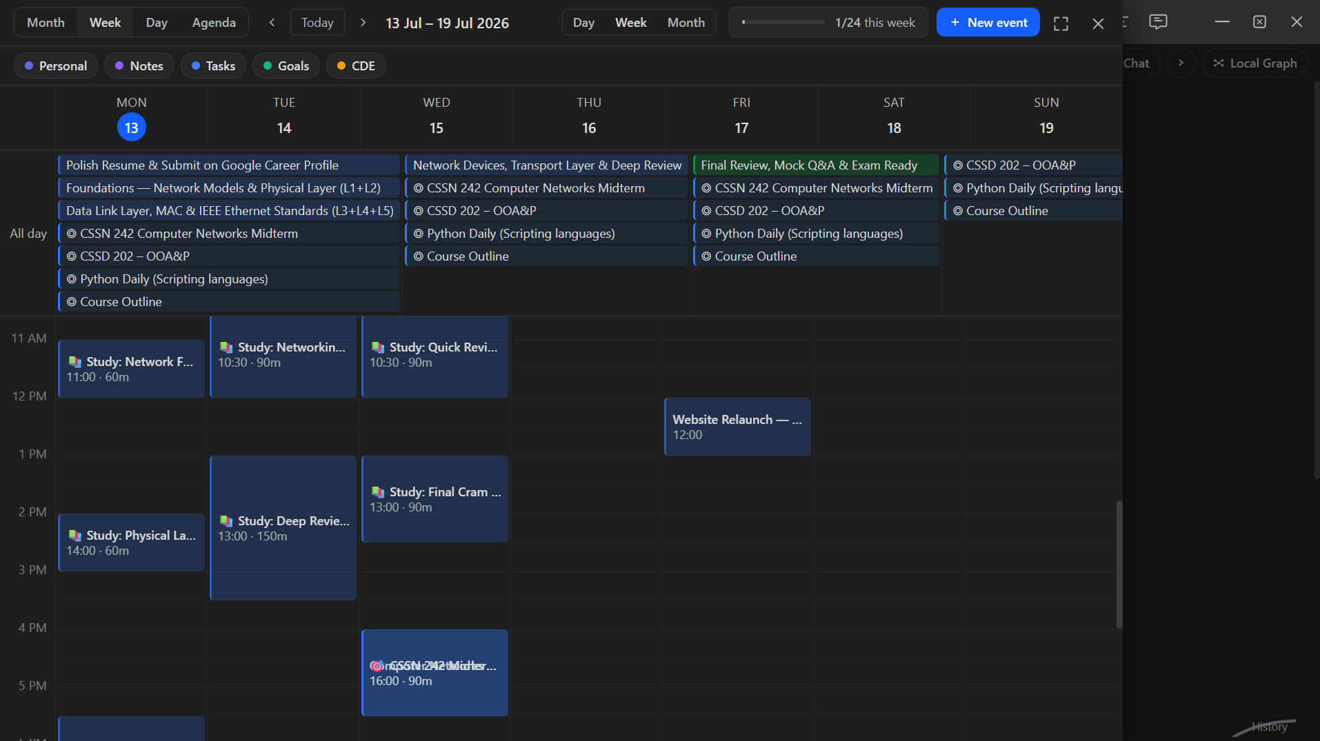 Calendar week view showing a scheduled event and a goal milestone banner