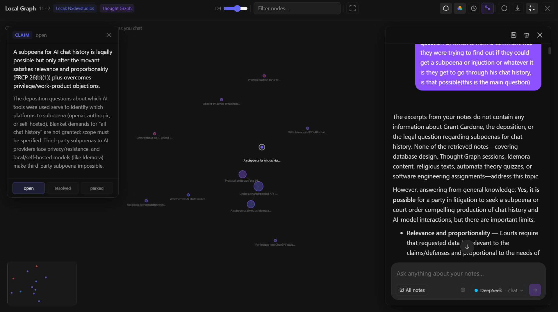 Idemora's Thought Graph view, showing reasoning nodes and their connections extracted from an AI conversation